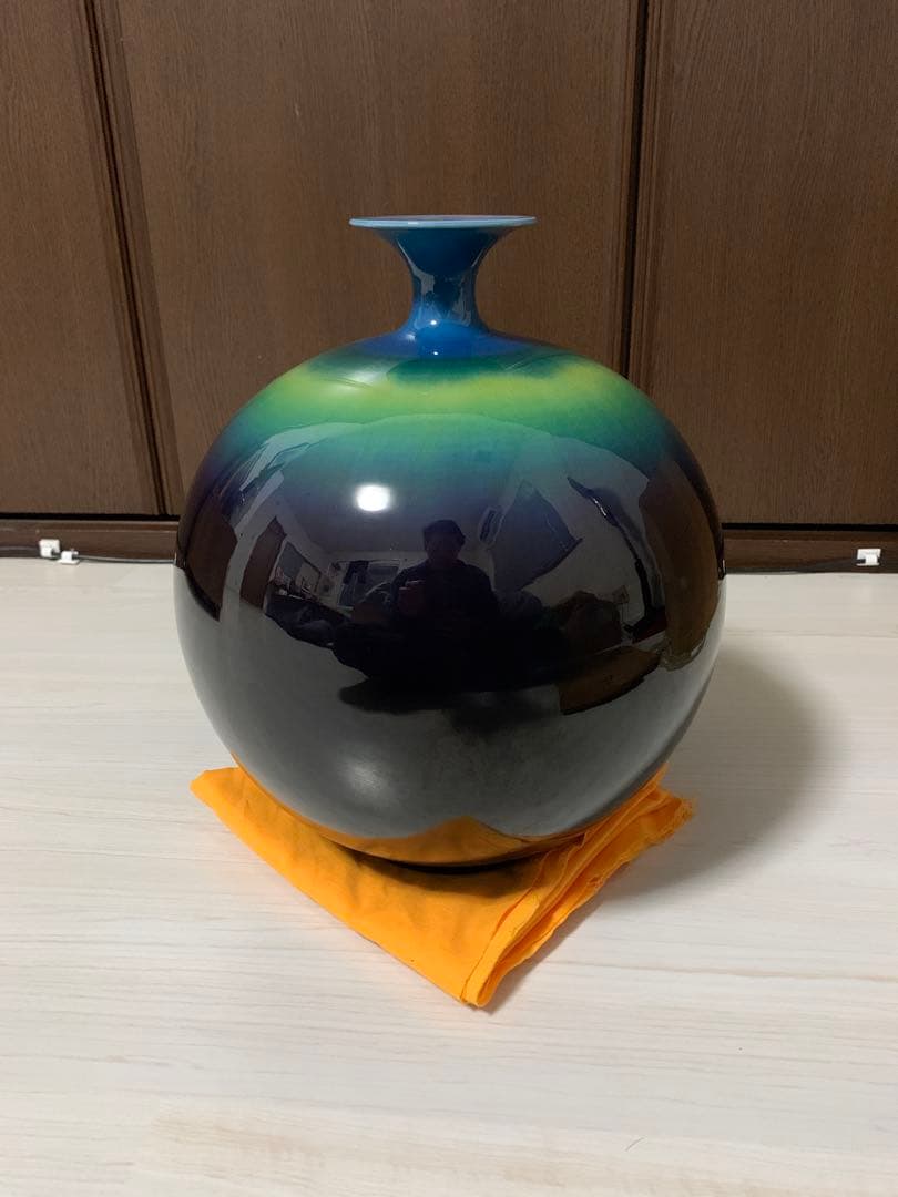 人間国宝 三代 徳田八十吉作 （正彦銘）特大 碧明釉 壺 管理T71 花器 花瓶