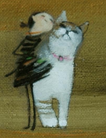 油絵 菅家令子絵 絵画インテリア額付(淡い銀青緑)F3-030919虹子猫犬女子