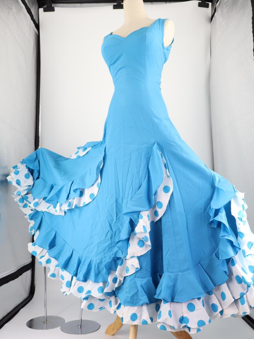 【美品 フラメンコ衣装】スカイブルー×水玉 アトリエ貴美恵 ドレス シージョ