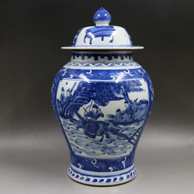 清康熙窓を開けます青花人物将軍缶 景徳鎮 陶磁器 装飾品 現代工芸品美術品 置物
