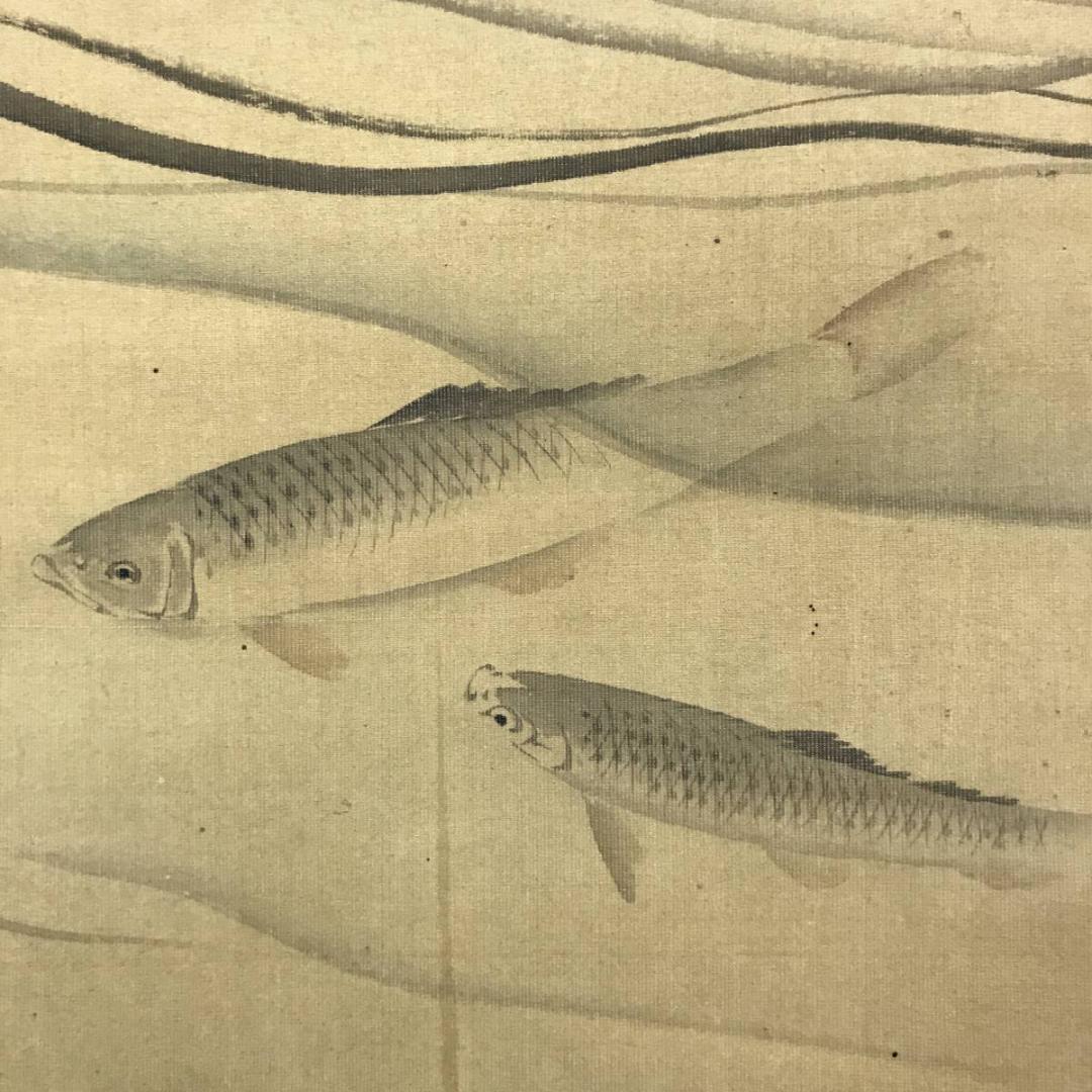 真作/中島来章/川辺群魚図/花鳥図/掛軸/名家伝来AE-398