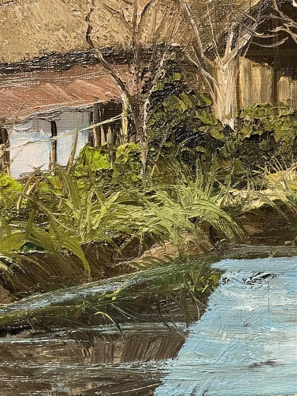「真作」北川照生「藤橋の山村」風景画　油彩画　額装　サイン有り　F8号