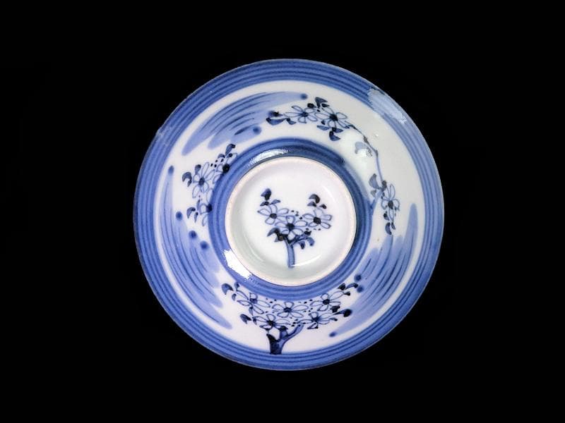 古伊万里　染付　輪線　桜花紋に霞の図　蓋茶碗　E864AS-COh
