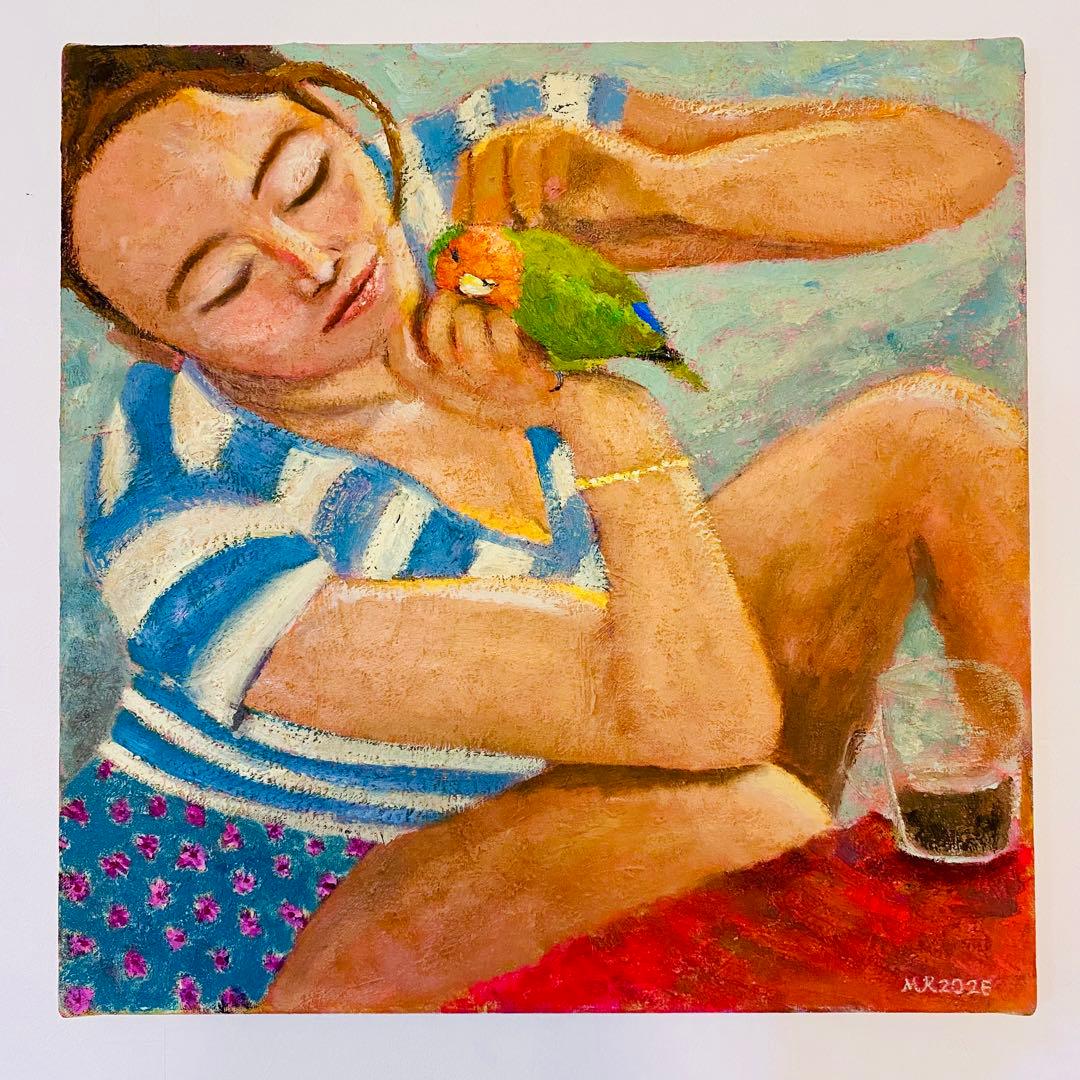 インコと女性 F20 現代アート 油彩画 絵画 人物画