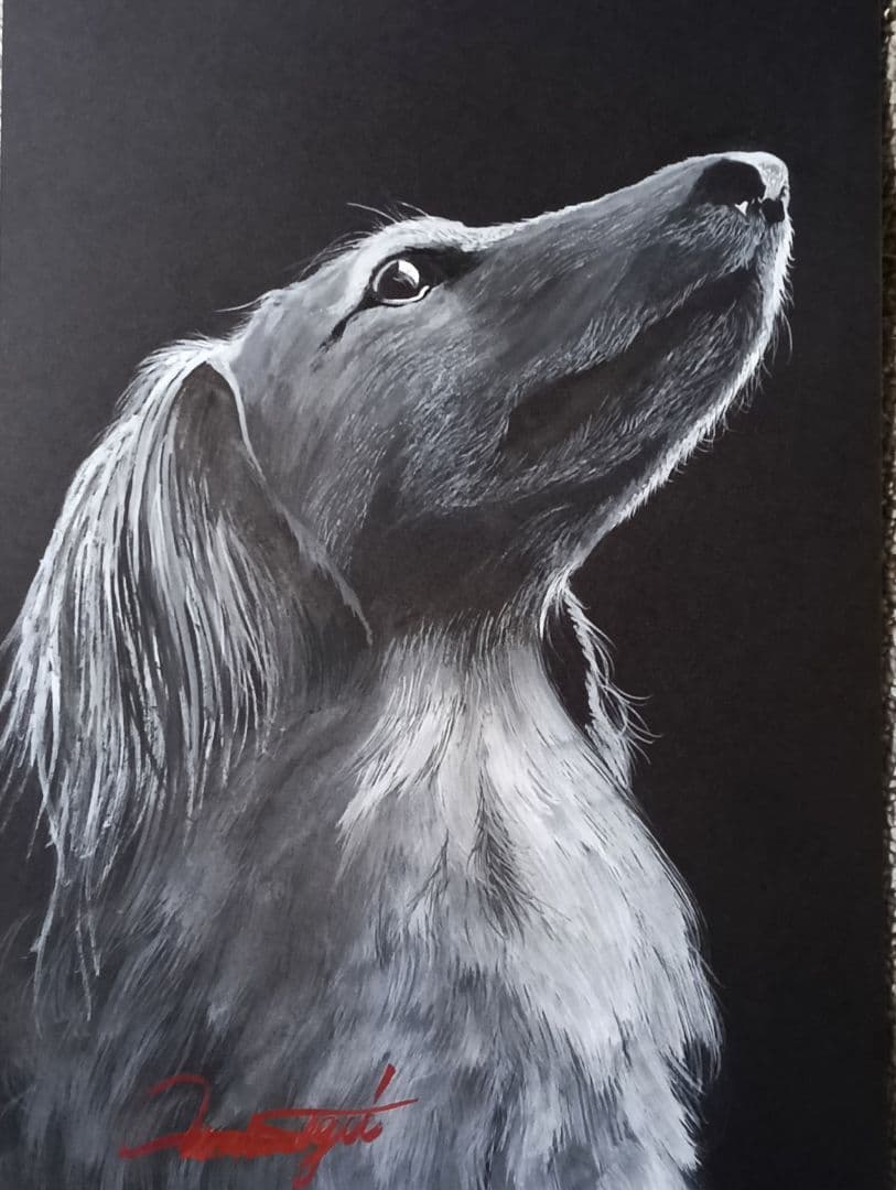 犬の鉛筆画 モノクロ サイン入り