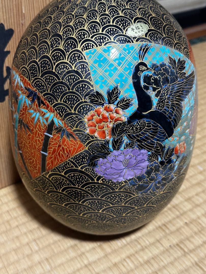 有田焼　手描き鶴模様陶器花瓶　弥左士門