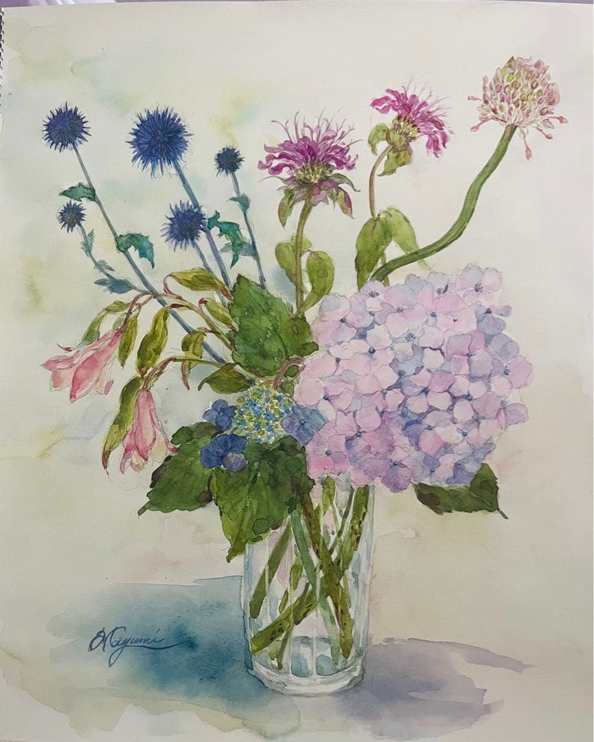 紫陽花とベルガモット　水彩画
