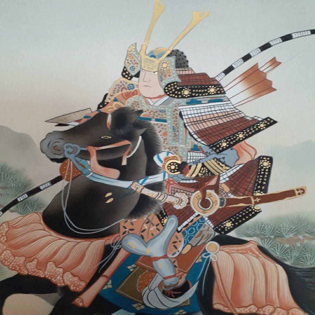 掛け軸/武者/黒馬/松