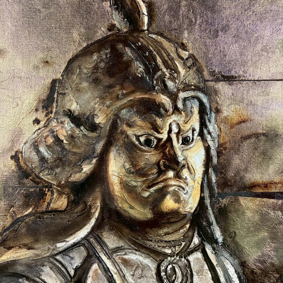 美品 佐々木英夫「持国天 立像 戎壇堂」油彩 大作 1988年作 銀箔仕様 仏像