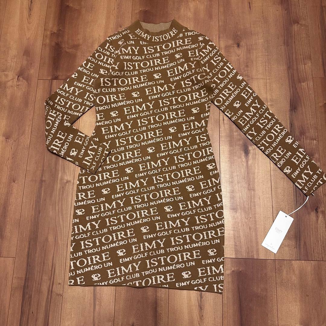 ロゴ　ニット　ワンピース　モックネック　長袖　春秋冬　ベージュ　サイズF 新品