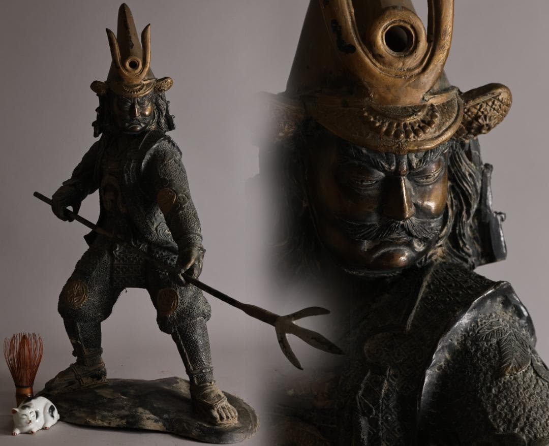 時代金工　明治期　ブロンズ像　加藤清正　薙刀　置物　床飾　高58㎝　BK091