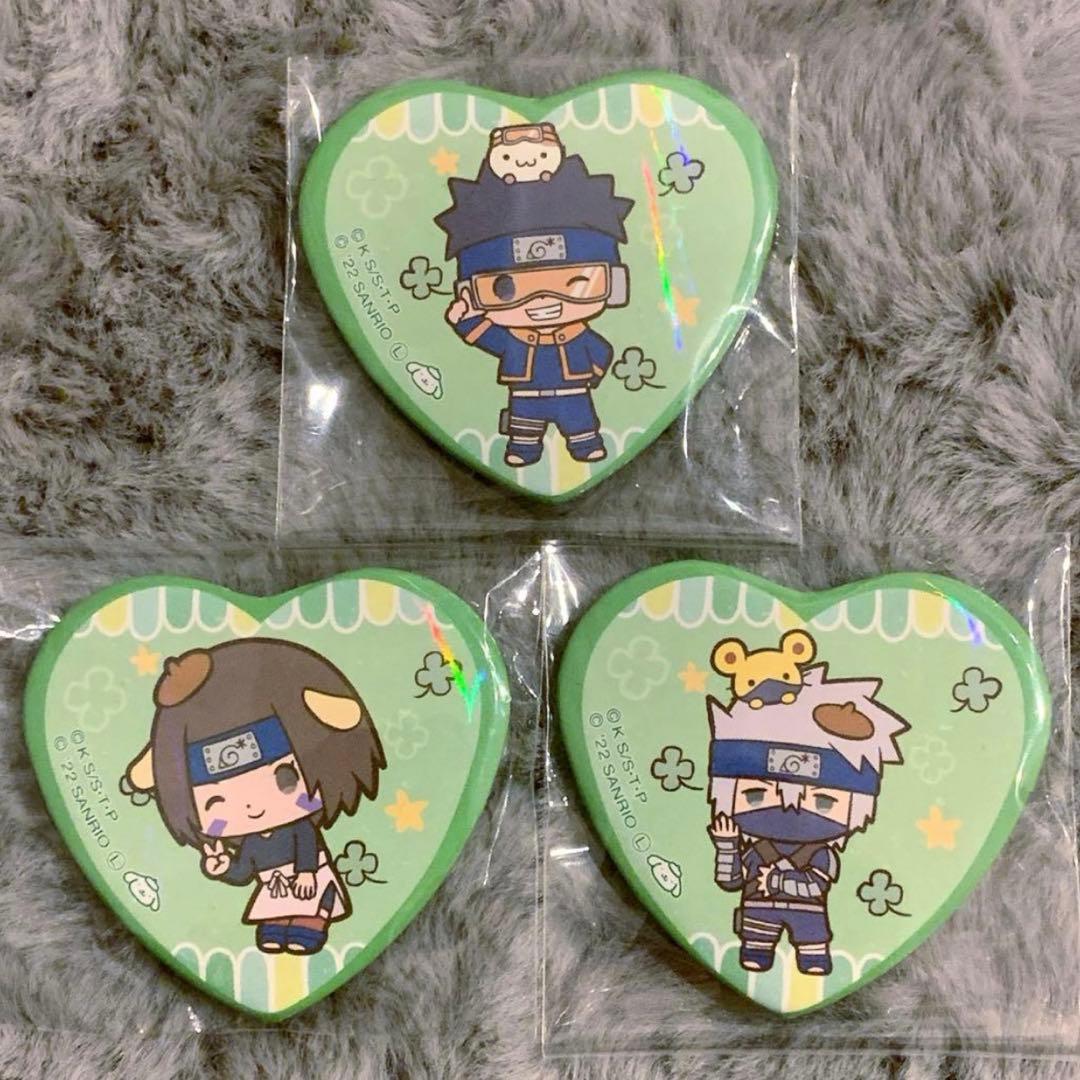 NARUTO サンリオ ホログラム ハート型缶バッジ オビト カカシ リン