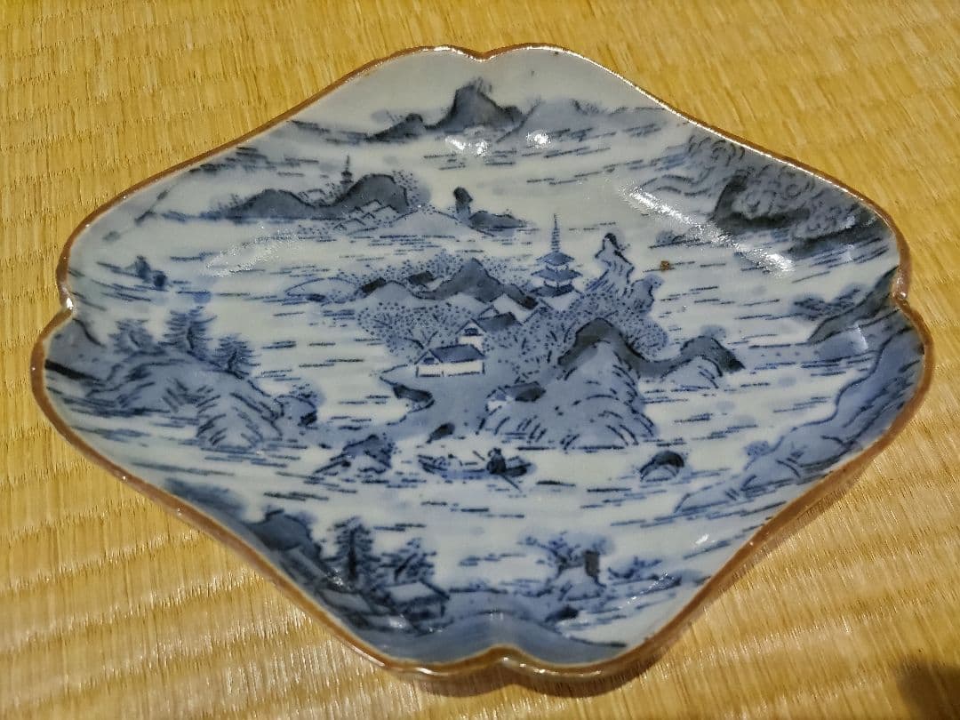 古伊万里　型紙摺　印判　入隅　菱形　皿（21×17cm）二重角福　藍柿