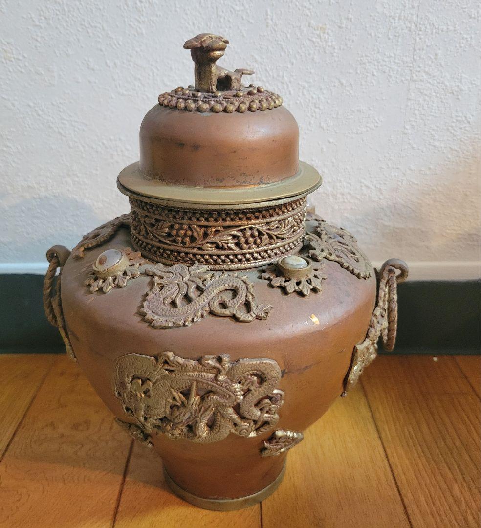 ヴィンテージ品　金属製ドラゴン装飾　銅壺
