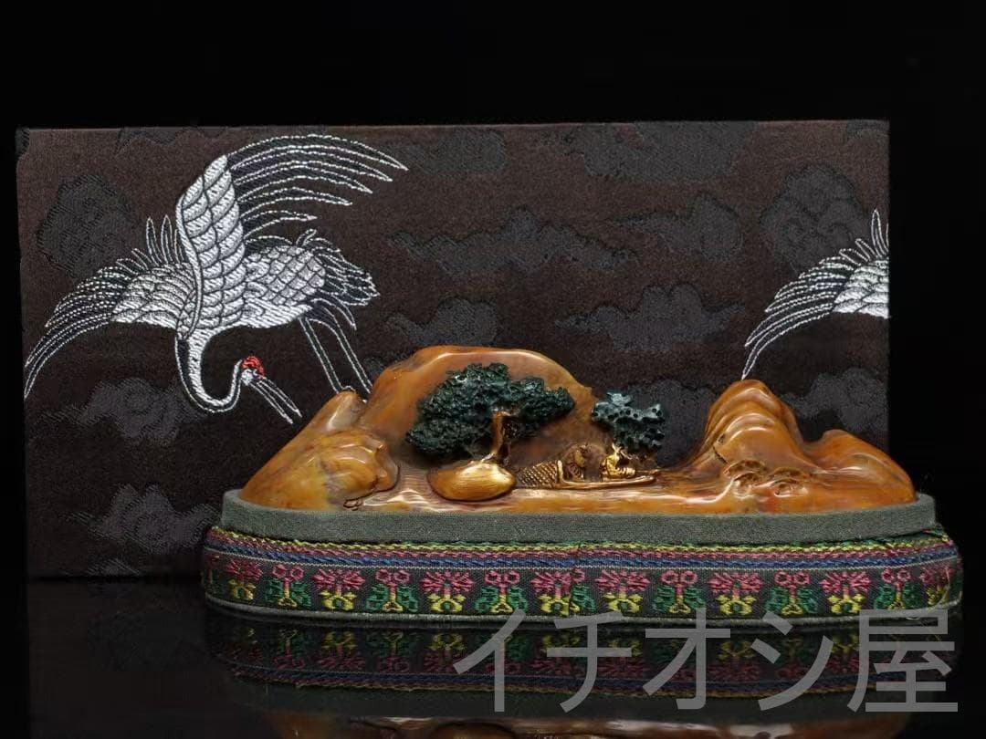 田黄石彩絵山水人物筆架 寿山石彫り 細密彫 文房置物 書道品 文房聖品 風水開運