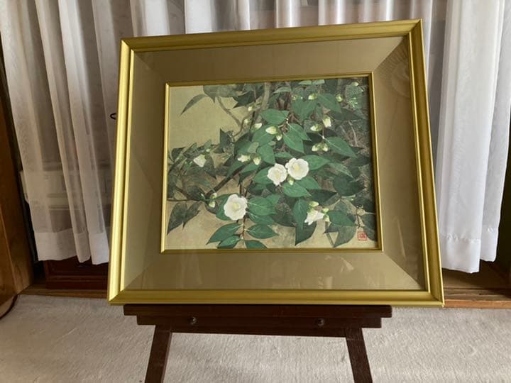 前原満夫　日本画　8号　白侘助