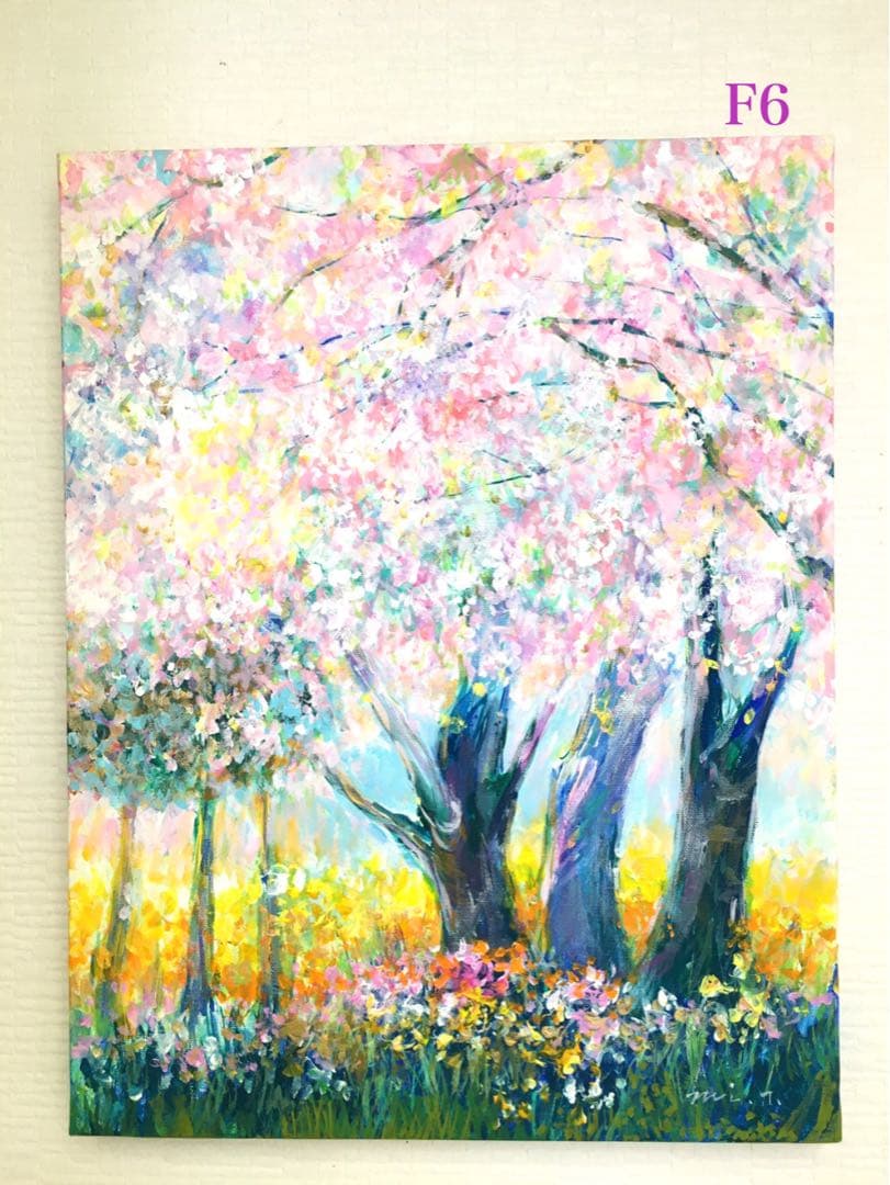 処分SALE！　春歌う桜の木　F6キャンバス アクリル画