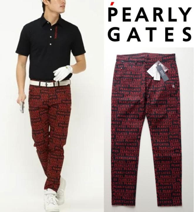 新品【パーリーゲイツ】EXストレッチ ロゴ総柄 ロングパンツ 黒 5(L)