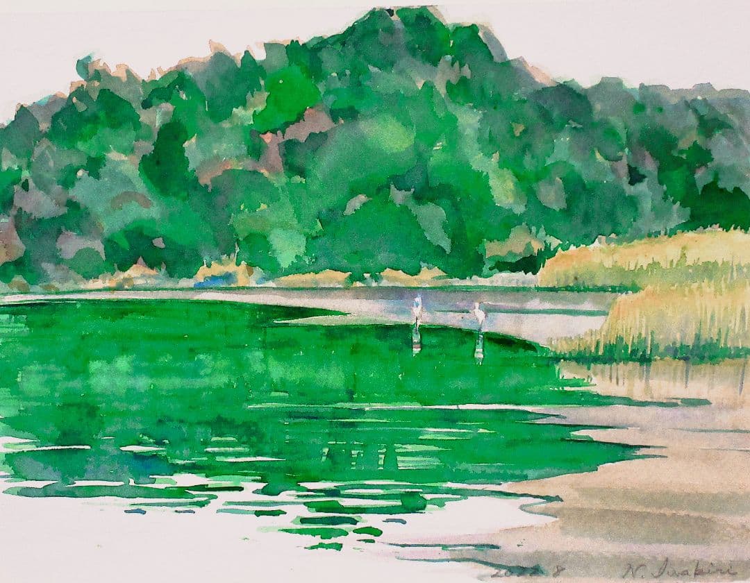 水彩画 水辺の風景 額装済み