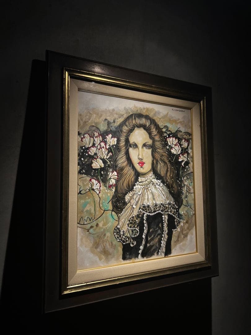 石阪春生　油彩画　シクラメンの花 『女の居る風景』
