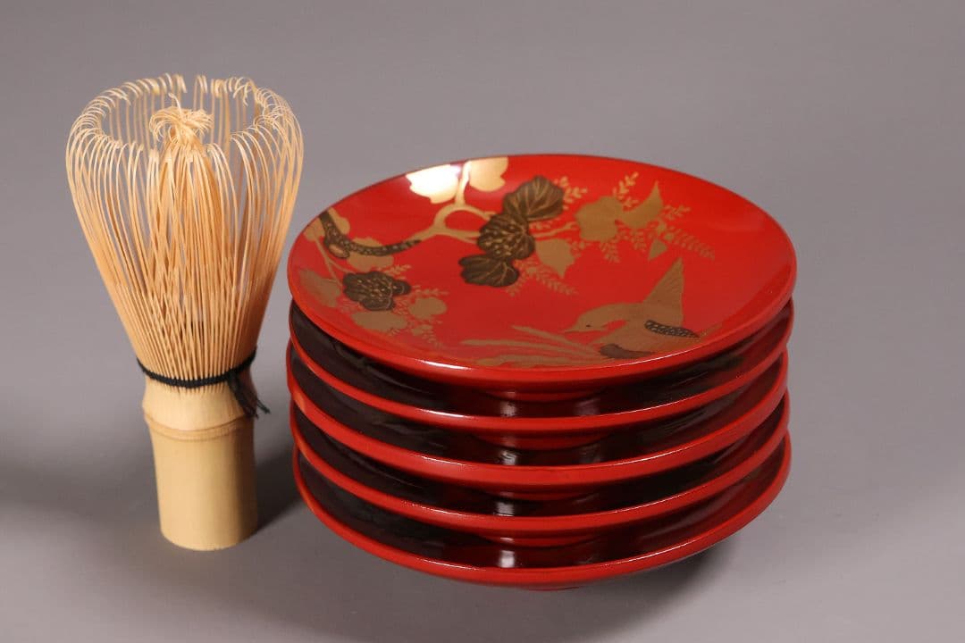 【MA776】時代木製漆器 桐鳳凰・菊 金蒔絵 朱塗 引盃 五客 木製漆器 小皿