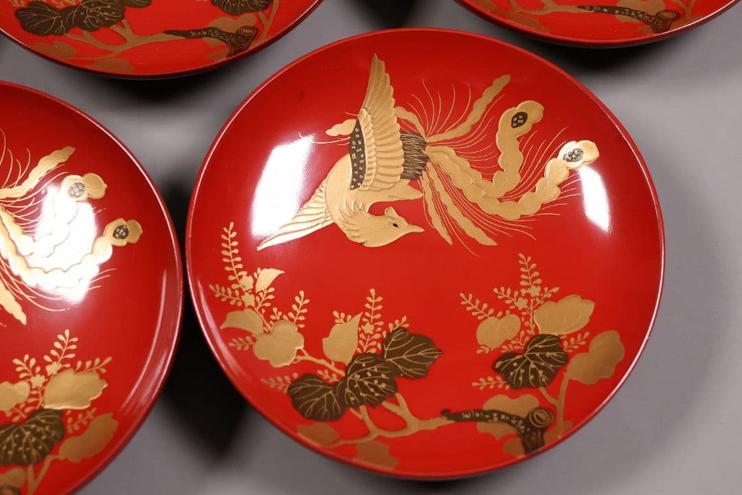 【MA776】時代木製漆器 桐鳳凰・菊 金蒔絵 朱塗 引盃 五客 木製漆器 小皿