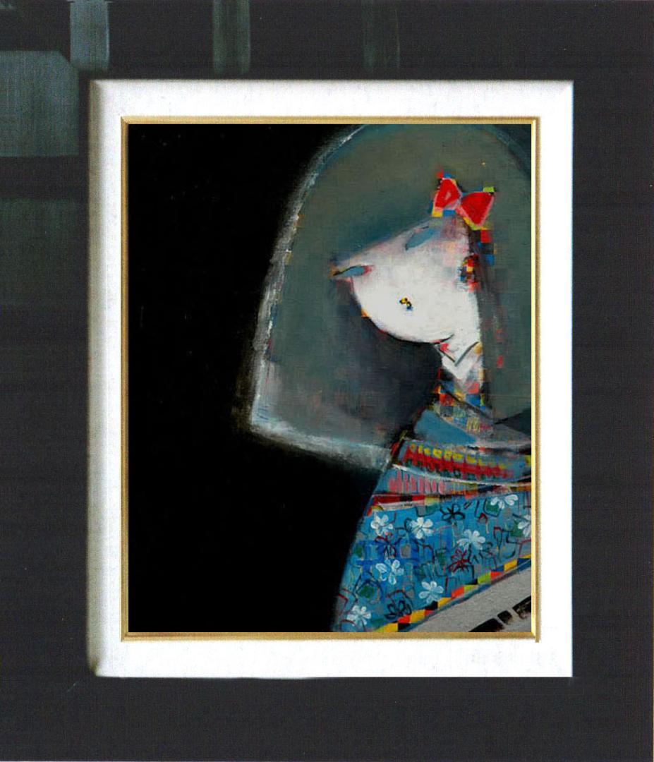 油絵 菅家令子 絵 絵画インテリア額付(黒) F6-083111 市松人形 少女