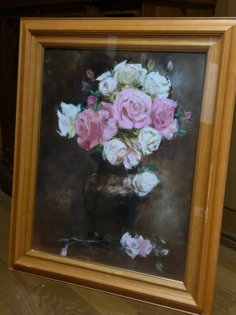 最終値下げ　中島絹子　作品　油絵　薔薇　花瓶　フラワー