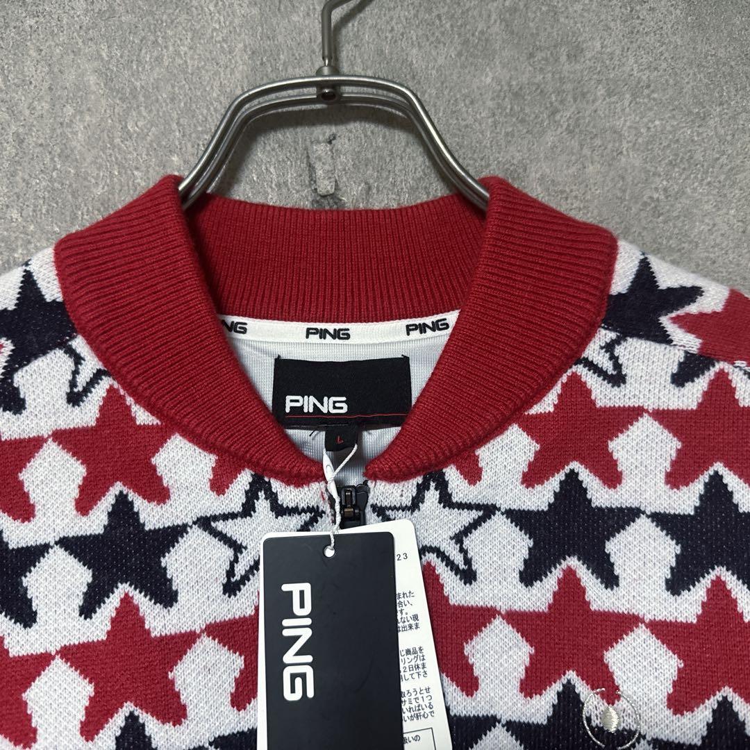 【新品】 PING ピン 総柄 星 ウール混 ニット ジャケット レッド L