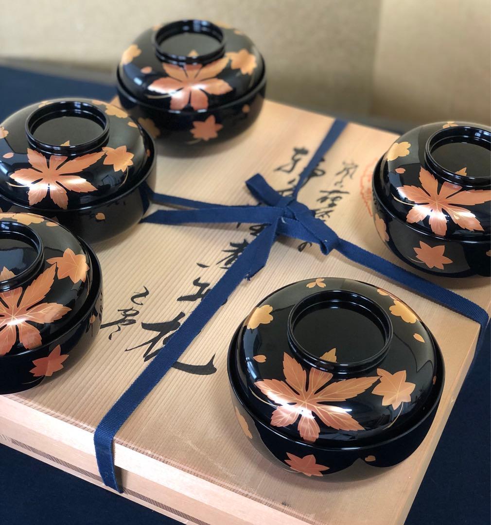 割引❗️《レ》輪島塗 嵐山蒔絵 煮物椀5客 木製漆器 木箱　251104う3