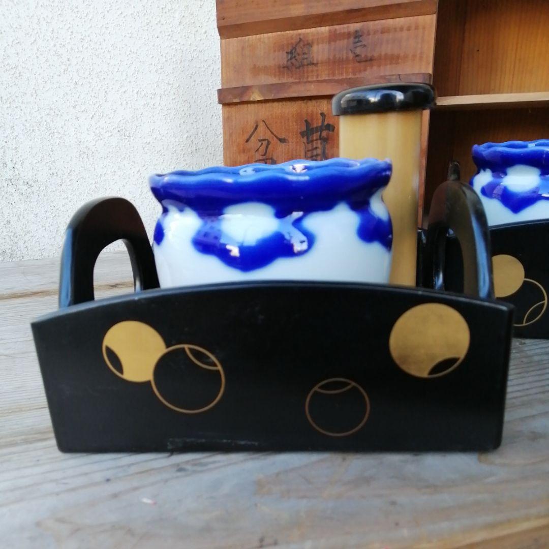 骨董　煙草盆　つぼつぼ　茶道具　２つ　木製　漆器 染め付け 漆器