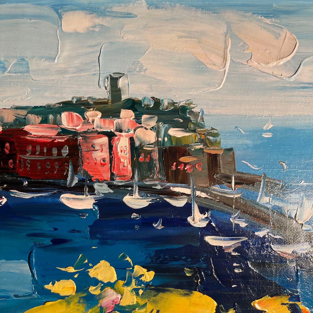 手書き油絵 地中海の風景 額付 肉筆絵画 インテリア 油彩画