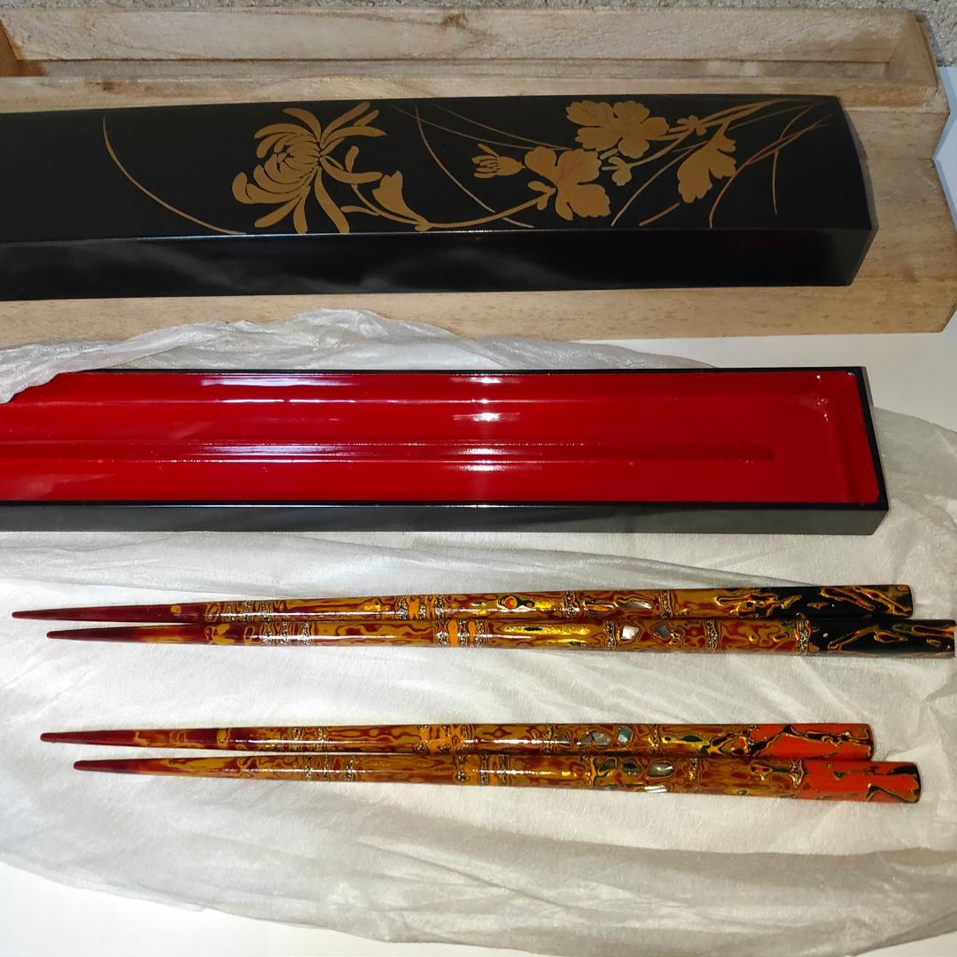 工芸　お箸　漆　伝統工芸 漆塗り 螺鈿 日本製 木製　箸箱　箸入れ　桐箱 骨董品