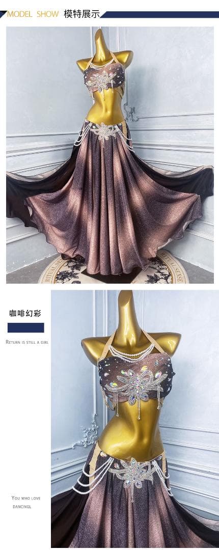 新品 ベリーダンス衣装 高級舞台用 コーヒー ロングスカートセット M L