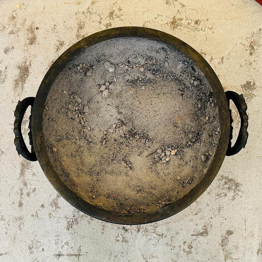 時代 古銅 大火鉢 月に山水 浜松模様 金象嵌 煎茶 瓶掛 木製台座 幅44cm