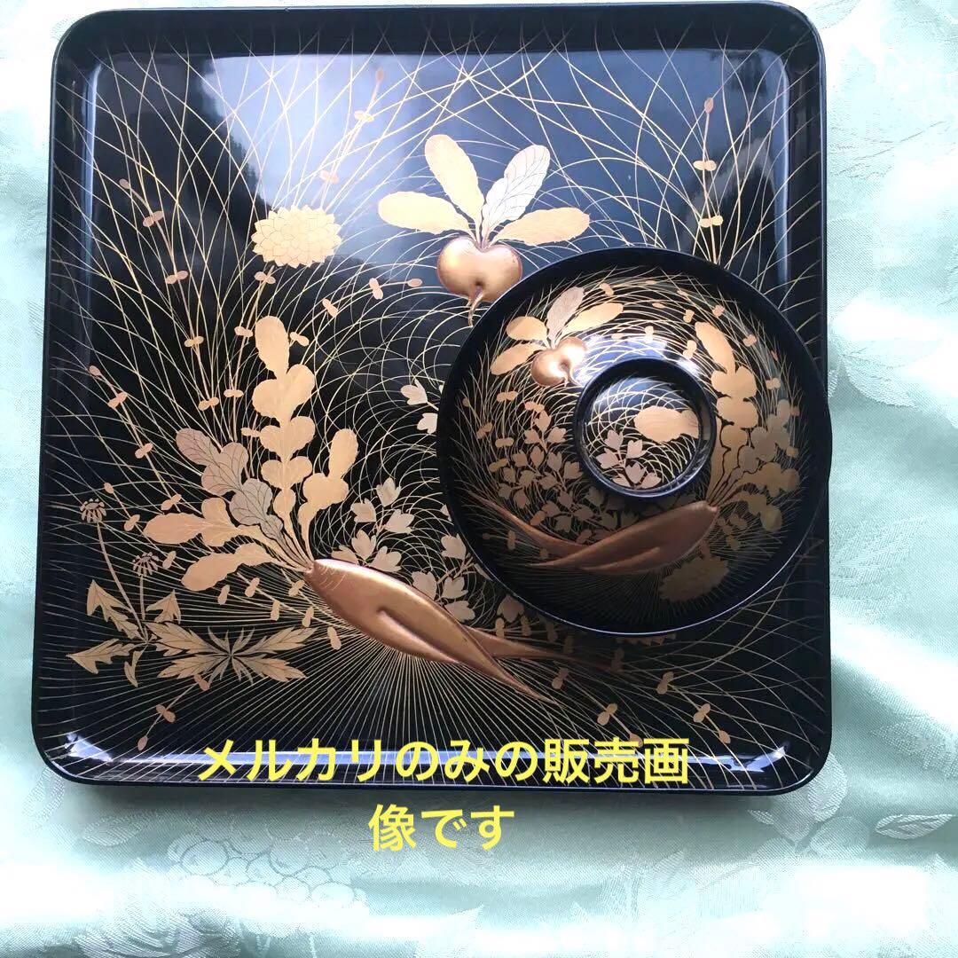 逸品　極上春の七草蒔絵　四方脚付膳　蓋付碗セット　A