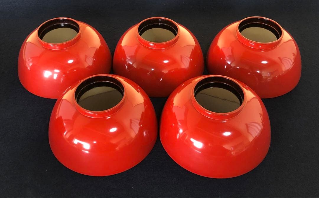 《R》朱塗 金蒔絵 烏帽子和楽器 吸物椀5客 木製漆器　251204お3