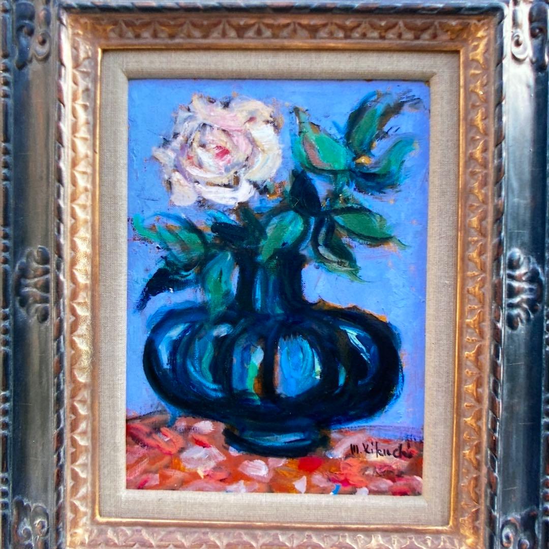 絵画　油絵　油彩画F4 「バラ一輪」額付き　美品　芸術　原画　手描き　サイン入り