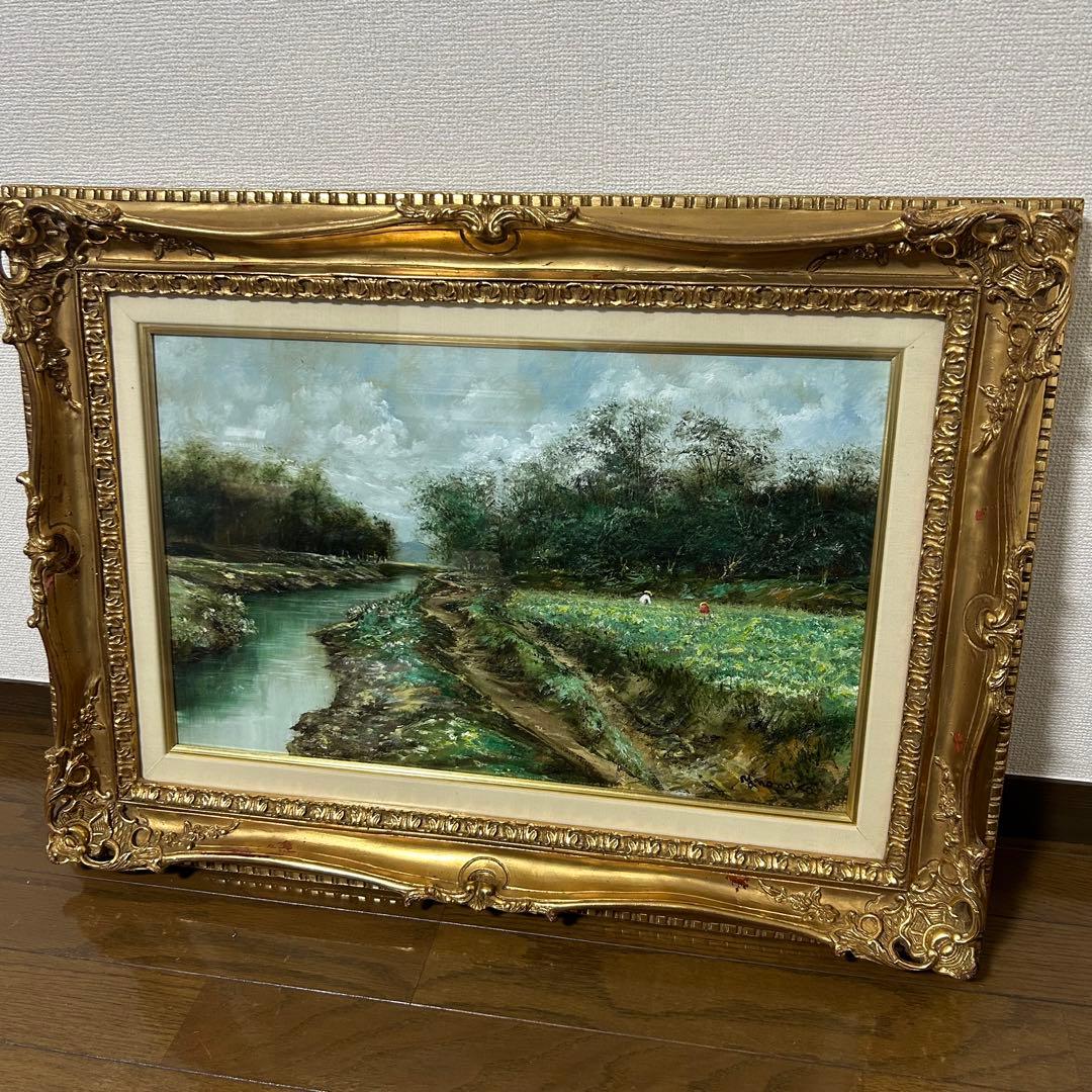 能仲ヤツヲ　油彩 10号 「のどかな日」　油絵 額装 風景画 油彩画 インテリア