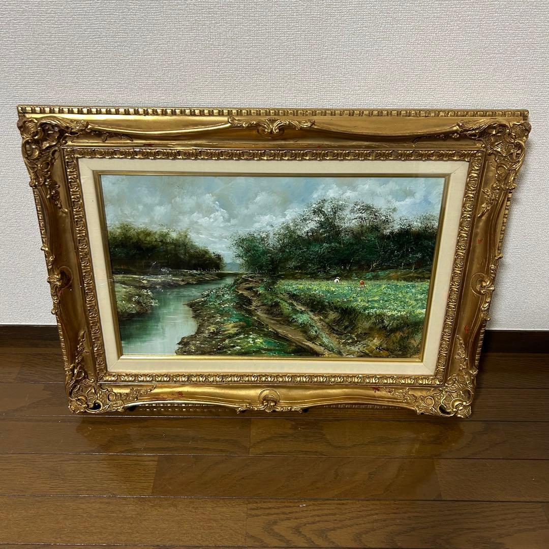 能仲ヤツヲ　油彩 10号 「のどかな日」　油絵 額装 風景画 油彩画 インテリア