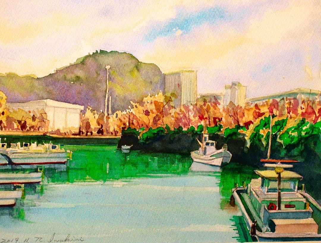 河港の風景 水彩画 額装済み F6サイズ