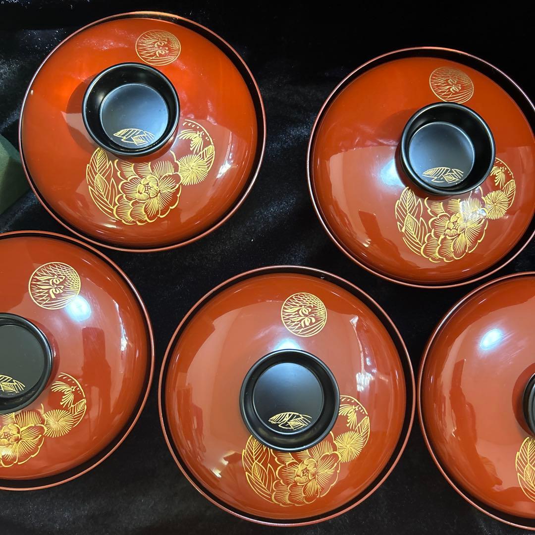 輪島塗　赤色漆器 5個セット 椀 金色花模様　⑤