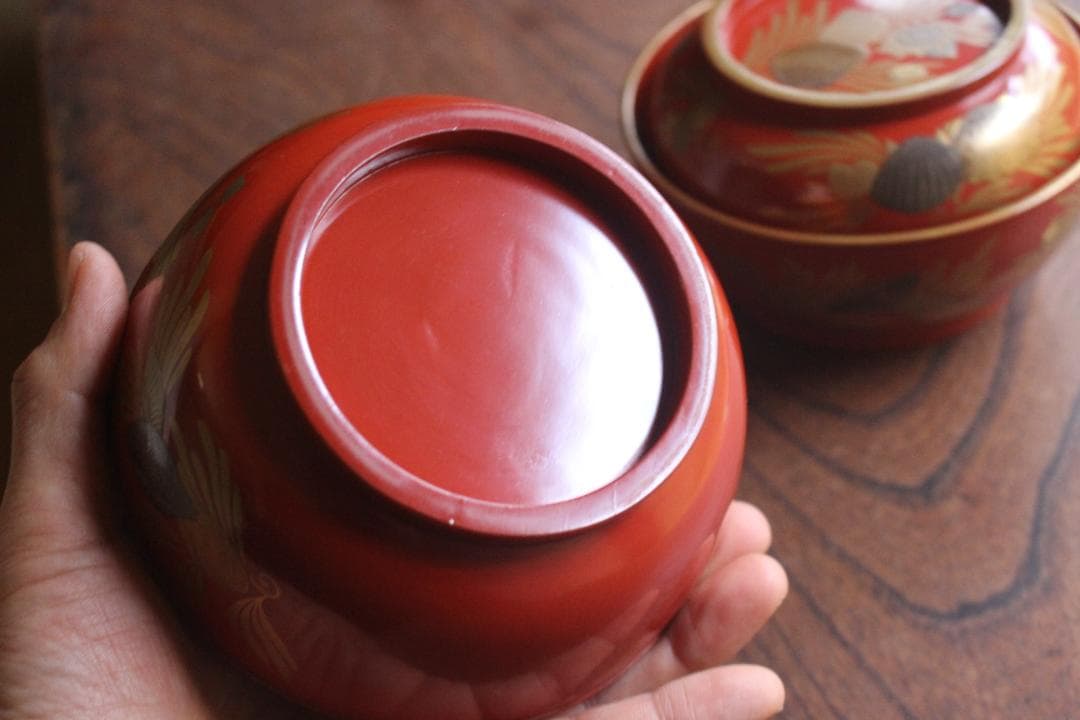 時代逸品！時代金縁朱漆に極上貝尽くし蒔絵の映えるお椀2点（検輪島塗雑煮椀
