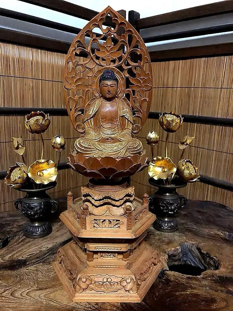 仏教美術 時代 木製 金彩 釈迦如来像 仏像 H30㎝