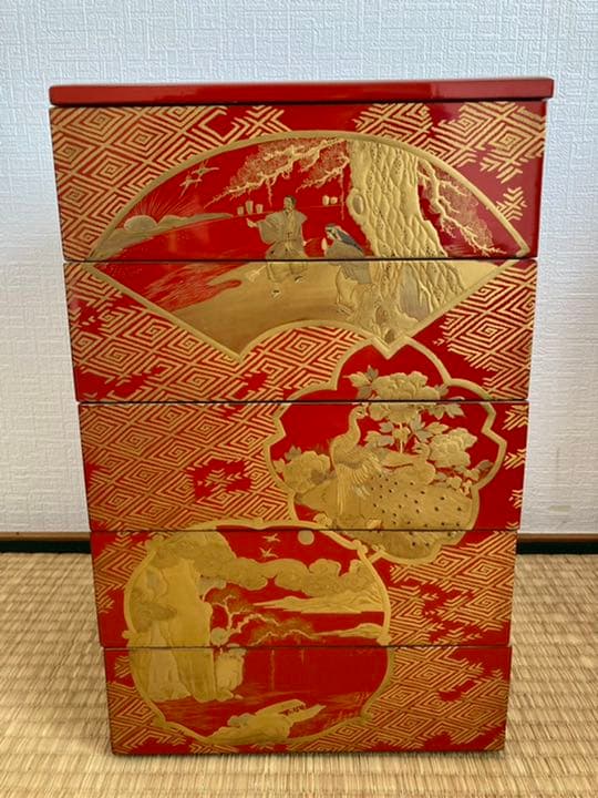 高級時代木製漆器　極上松蒔絵 五段重箱　蒔絵 超美品