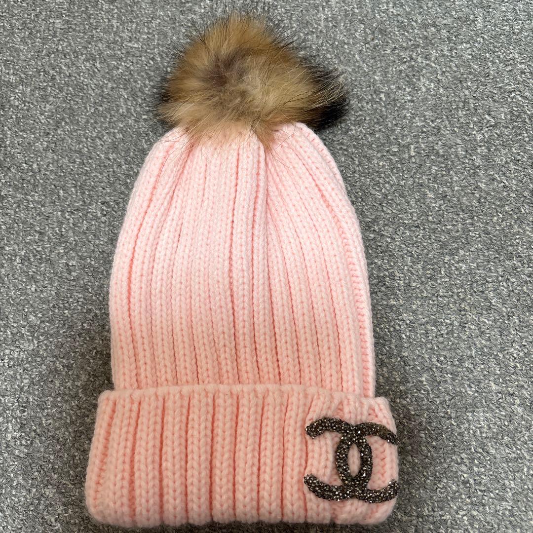 CHANEL ピンク ニット帽 ファー付き