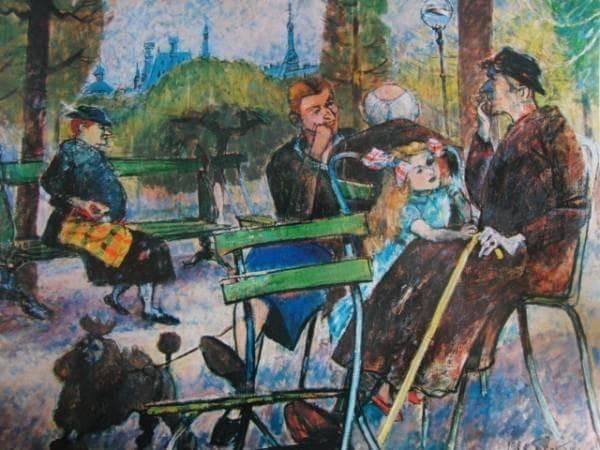 福田新生、リュクサンブール公園にて、希少画集画、新品額装付