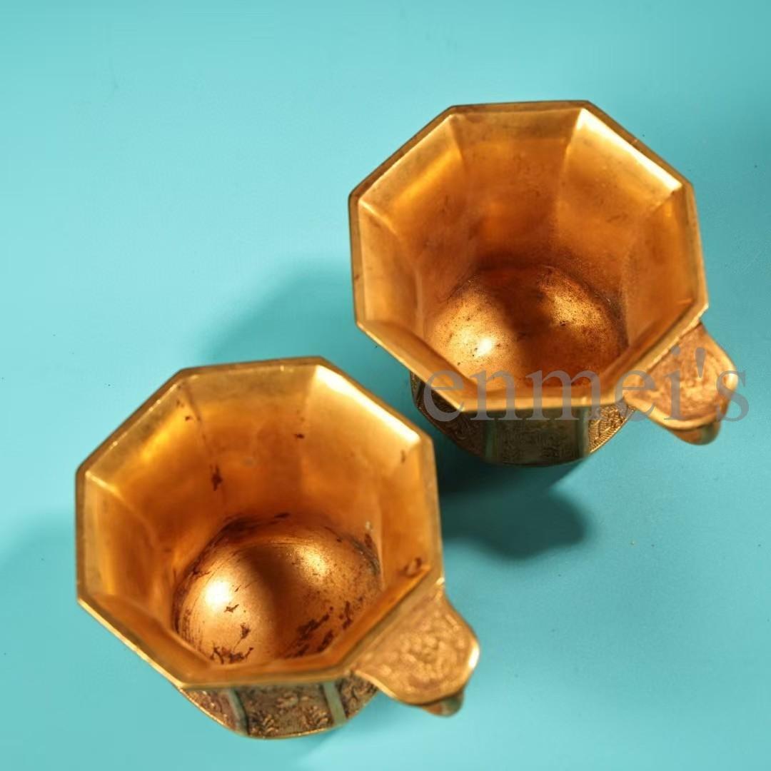 中国古美術・珍蔵純銅製・鎏金・錾花彫刻・八角彫刻酒杯セット・茶道具・風水置物