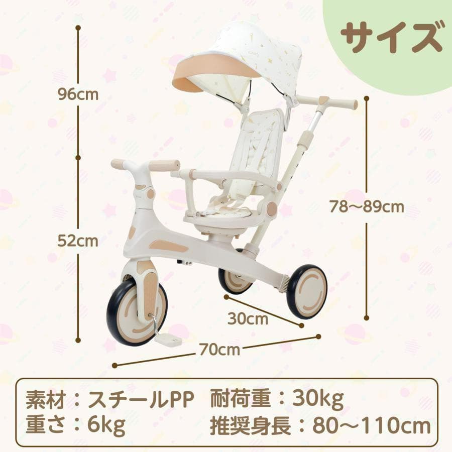 多機能 三輪車 手押し棒付き 折りたたみ 1歳-5歳 安全ベルト付き 2646