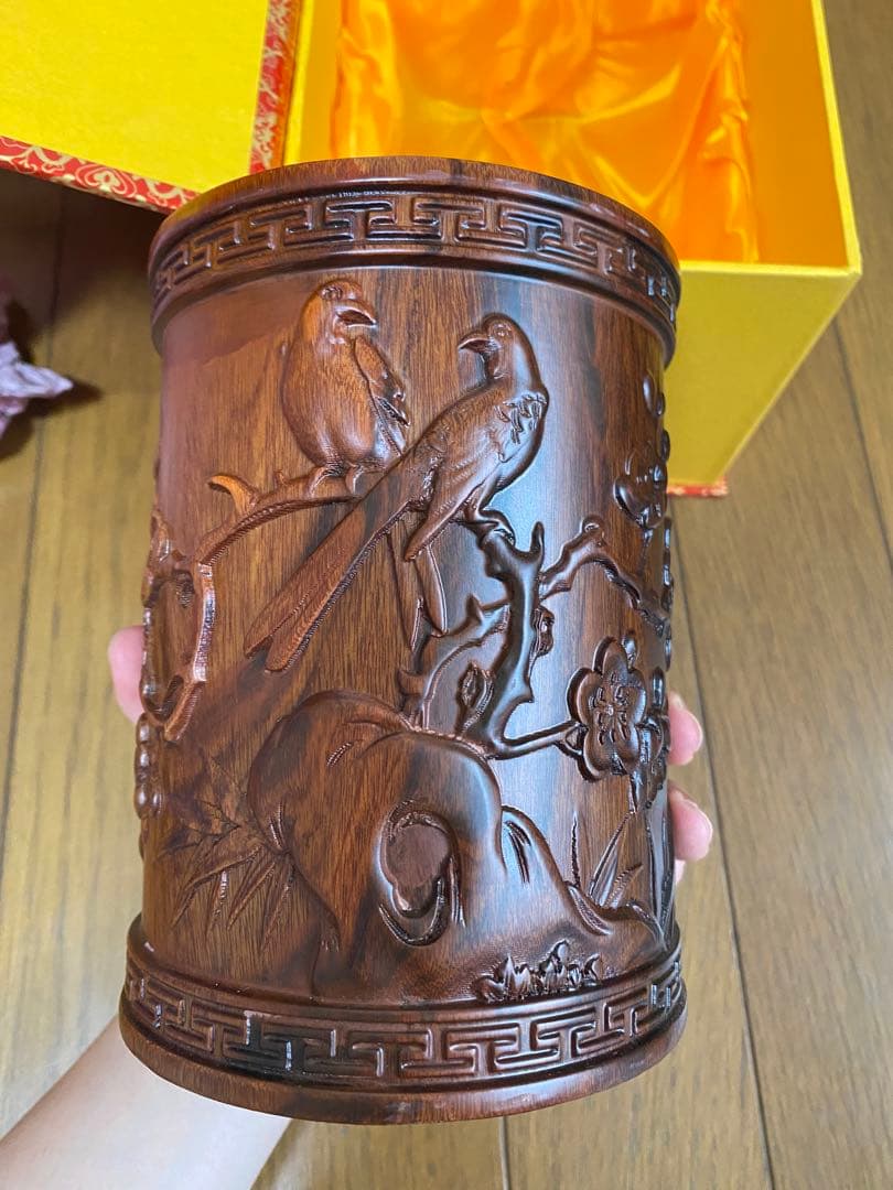 中国　骨董　紅木芝木精品　花瓶　梅　鳥